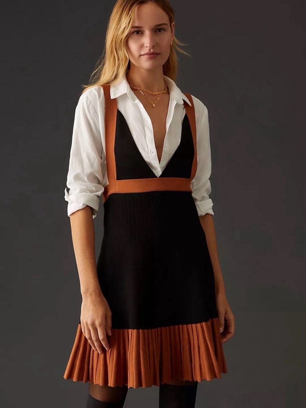 NWOT Anthropologie Black and Burnt Orange Plunging V-Neck Pleated Hem Dress - Picture 5 of 10